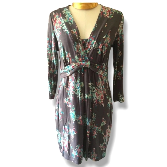 BODEN Jersey V Neck Dress in Cocoa with Bright Floral Design Size US 2 - Picture 6 of 6